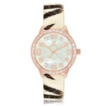 Ficha técnica e caractérísticas do produto Relogio Feminino Vox Analogico Beverly Hills Caixa Metal Dourado Rose Madriperola Zirconias Pulseira Print Couro Zebra