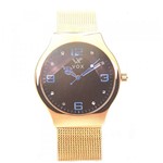 Relogio Feminino Vox Analogico Caixa em Metal Dourado Fundo Preto com Detalhes em Azul e Cristais Cravejados Pulseira em Aco Dourado