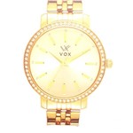 Relogio Feminino Vox Santo Antonio Analogico Caixa Metal Dourado e Zirconias Cravejadas Pulseira em Aco Dourado Fundo Dourado Metalizado com Detalhes em Zirconias Cravejadas - Vox