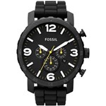 Ficha técnica e caractérísticas do produto Relógio Fossil FJR1425. Caixa em Aço e Pulseira em Silicone. Cronógrafo e Calendário. Resistente à Água - 50M.