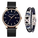 Relógio Masculino Crrju Dourado Analógico + Pulseira Bracelete