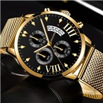 Ficha técnica e caractérísticas do produto Relógio Masculino Dourado Malha Aço Design Quartz - Yazole