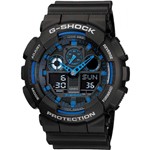 Ficha técnica e caractérísticas do produto Relógio Masculino G-Shock Fundo Preto com Azul a Prova D'Água Anadigi GA-100-1A2DR Garantia de um Ano - Casio