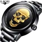 Ficha técnica e caractérísticas do produto Relógio Masculino Lige Skull 3D Inox | FRETE GRÁTIS / PRETO