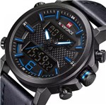 Relogio Masculino Naviforce 9135 Preto com Azul Digital Analogico em Couro