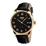 Ficha técnica e caractérísticas do produto Relógio Masculino Skmei de Luxo Pulseira Couro Modelo 9058 - Preto/Dourado