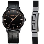 Relógio Masculino Ultra Fino Preto Analógico Kit Pulseira - Crrju