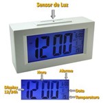 Ficha técnica e caractérísticas do produto Relógio Mesa Digital Data/Hora Temperatura Sensor Luz BRANCO CBRN01590
