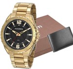 Ficha técnica e caractérísticas do produto Relógio Mondaine Masculino Dourado Analógico 53827GPMVDE1K + Carteira