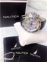Relógio Nautica Mens N14555G Prata e Azul Couro