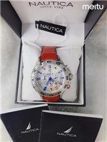 Relogio Nautica Original Vermelho em Couro Mostrador Branco