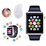 Relógio Smartwatch A1 Inteligente Gear Chip Celular Touch Prata+Mini Fone de Ouvido Bluetooth Branco - Ke