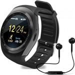 Ficha técnica e caractérísticas do produto Relógio Smartwatch Y1 Inteligente Touch Câmera Celular Chip Perda Sono Mp3 Musicas Academia + Fone de Ouvido S6