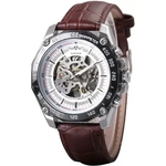 Relógio Winner, Automático E A Corda, Masculino modelo TM427, fundo branco, pulseira couro marrom.