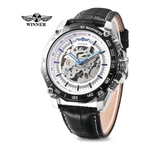 Relógio Winner, Automático E A Corda, Masculino modelo TM427, fundo branco, pulseira couro preto