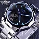 Ficha técnica e caractérísticas do produto Strap Azul aço inoxidável homens Relógio Mecânico Automático Número Roman relógio de pulso transparente caso
