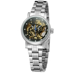 Ficha técnica e caractérísticas do produto Vencedor Lady Auto Mecânica relógio de cristal Skeleton Dial Stainless Steel Watchband relógio de pulso