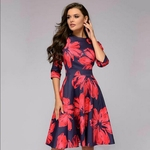 Ficha técnica e caractérísticas do produto Vintage plissado impressão túnica mulheres vestido senhoras elegantes uma vestidos de linha de manga longa Outono feminino vestidos vestido de festa mixi