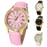 Ficha técnica e caractérísticas do produto Womens Rhinestone Dourado Genebra Numerais Romanos Dial Relógio De Pulso De Quartzo Analógico